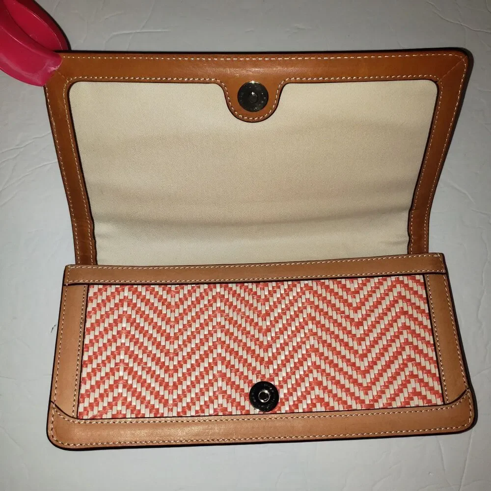 J. MCLAUGHLIN  Orange Cream Woven Tan Leather Clutch Purse